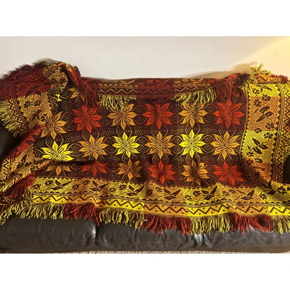 Vintage Polish Folk Wool Blanket Jacquard Floral Geometric Throw. Boho. Autumn.